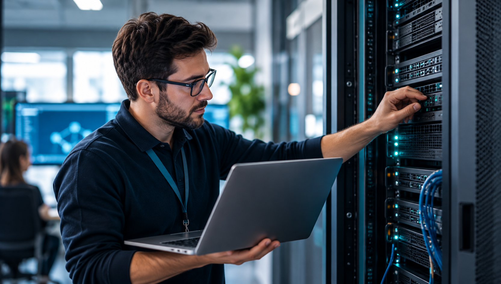 Technicien Nexeos vérifiant une baie de serveurs, ordinateur portable à la main