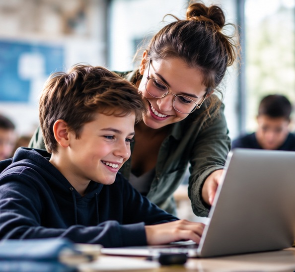 Enseignante accompagnant un élève devant un ordinateur