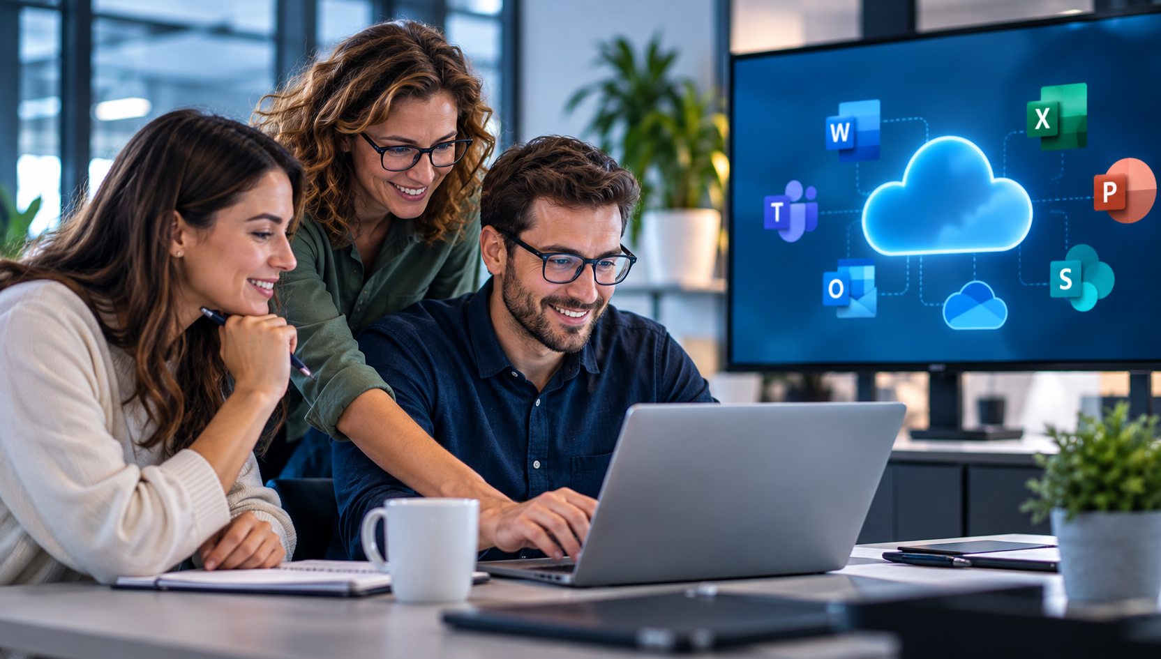 Équipe collaborant devant un écran affichant le cloud Microsoft 365