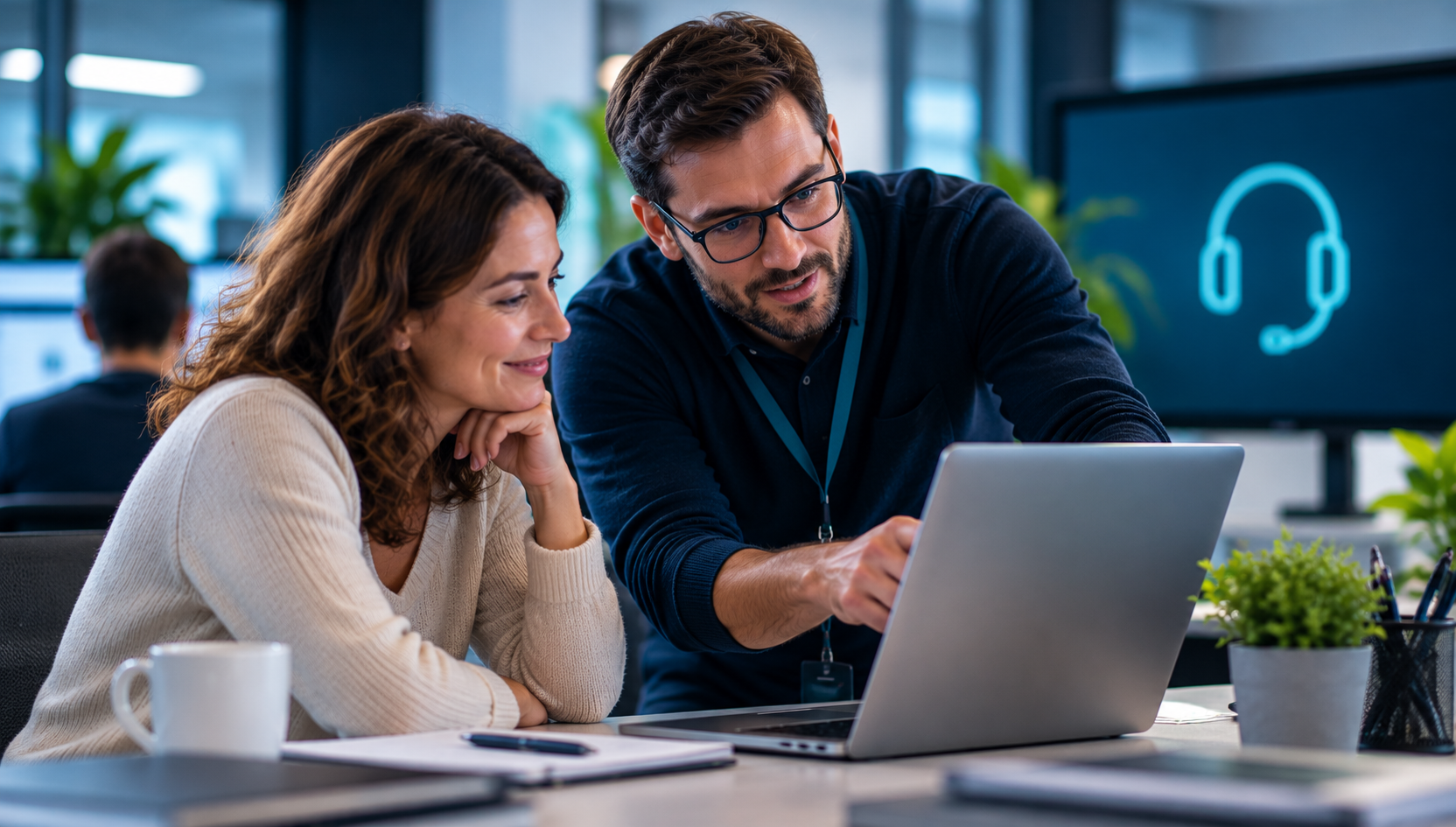 Conseiller Nexeos accompagnant une collaboratrice devant son ordinateur portable