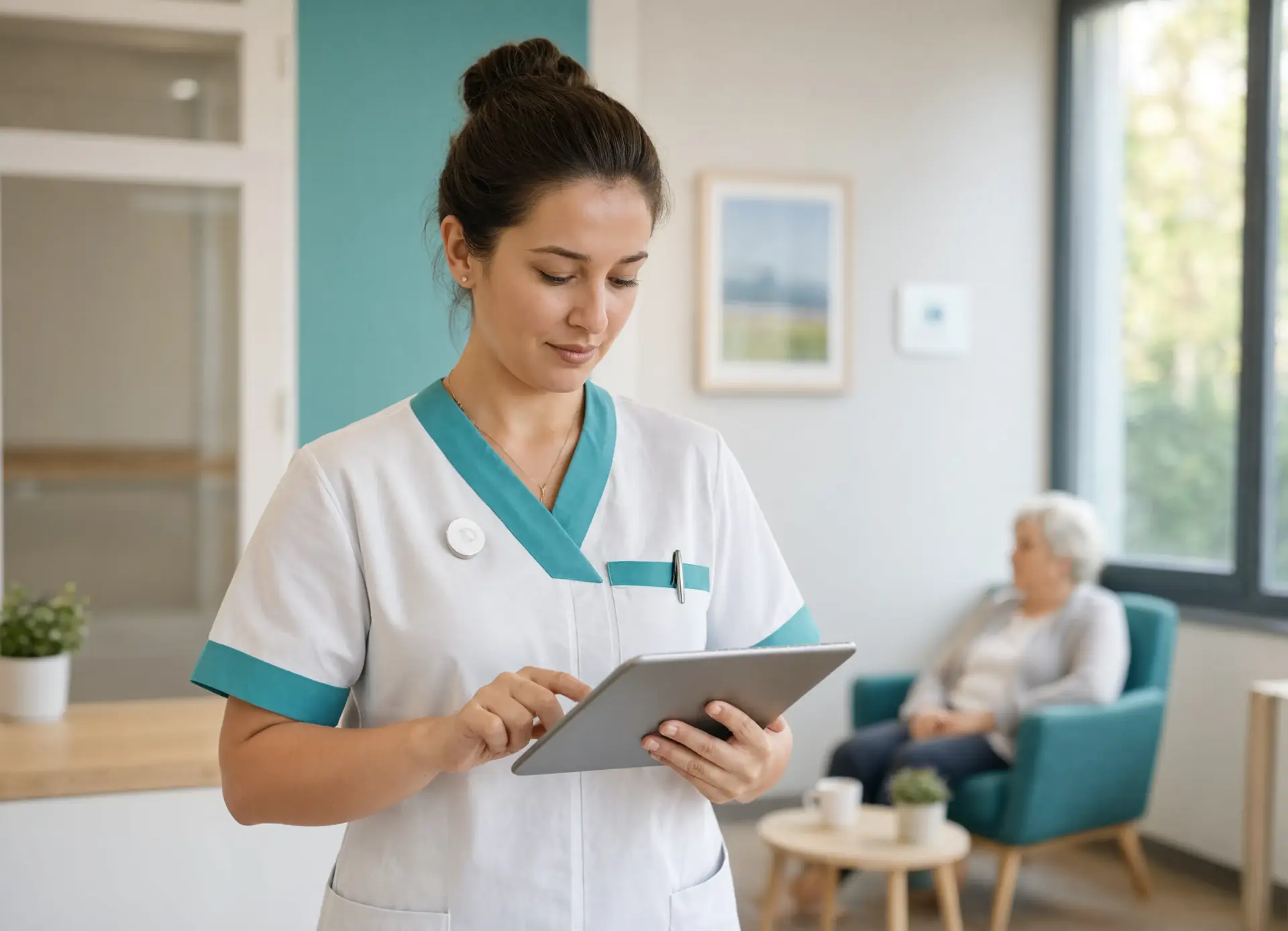 Une soignante consulte une tablette en institution